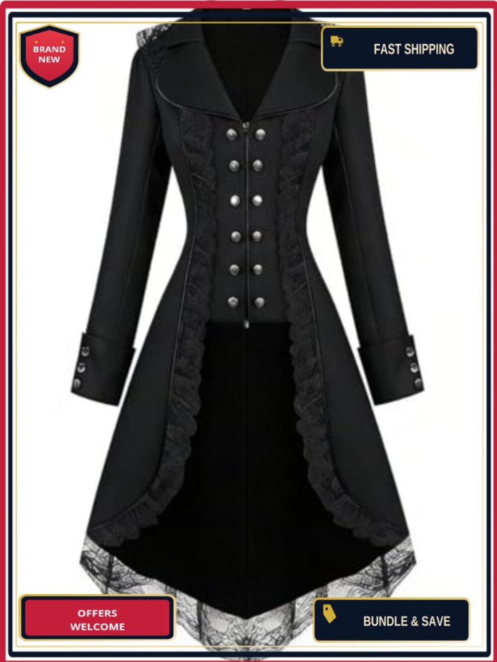 Victorian Gothic Steampunk Tailcoat Lace Trim Cosplay Coat